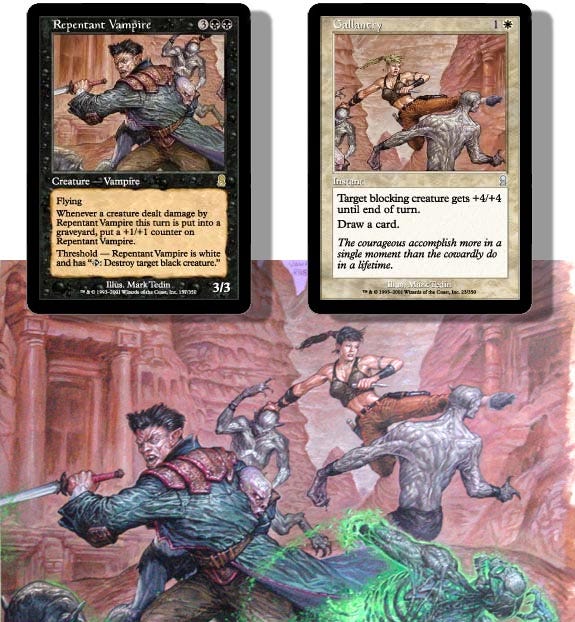 panorama of the two cards from Odyssey Repentant Vampire and Gallantry.